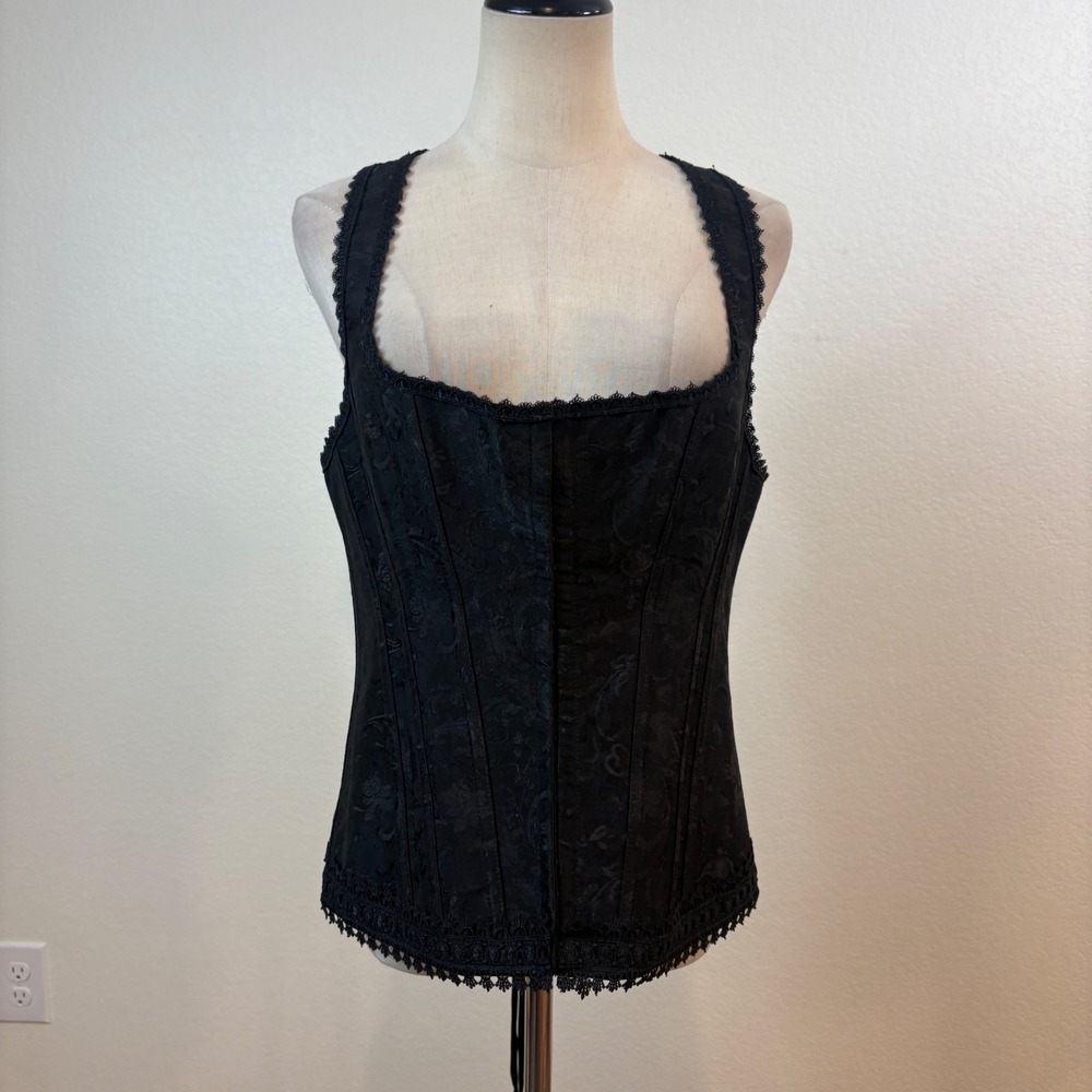 iCollection Corset Top Women Size 44 Black Floral Jacquard Lace Trim Goth Vamp - Picture 2 of 8